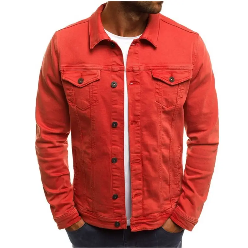 Men's Blue Denim Button Collar Jacket Casual Solid Color - Image 2