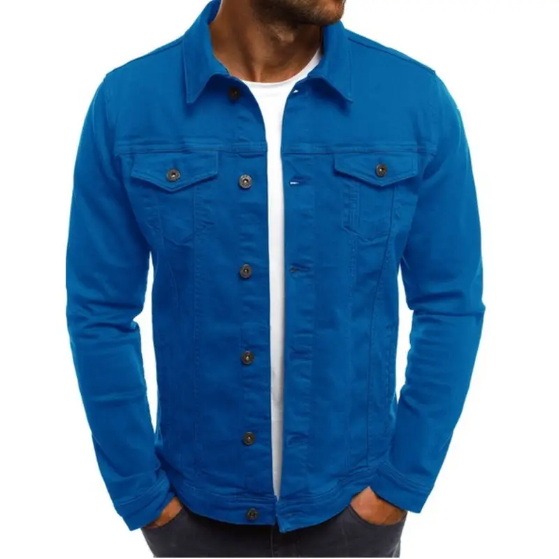 Men's Blue Denim Button Collar Jacket Casual Solid Color - Image 5