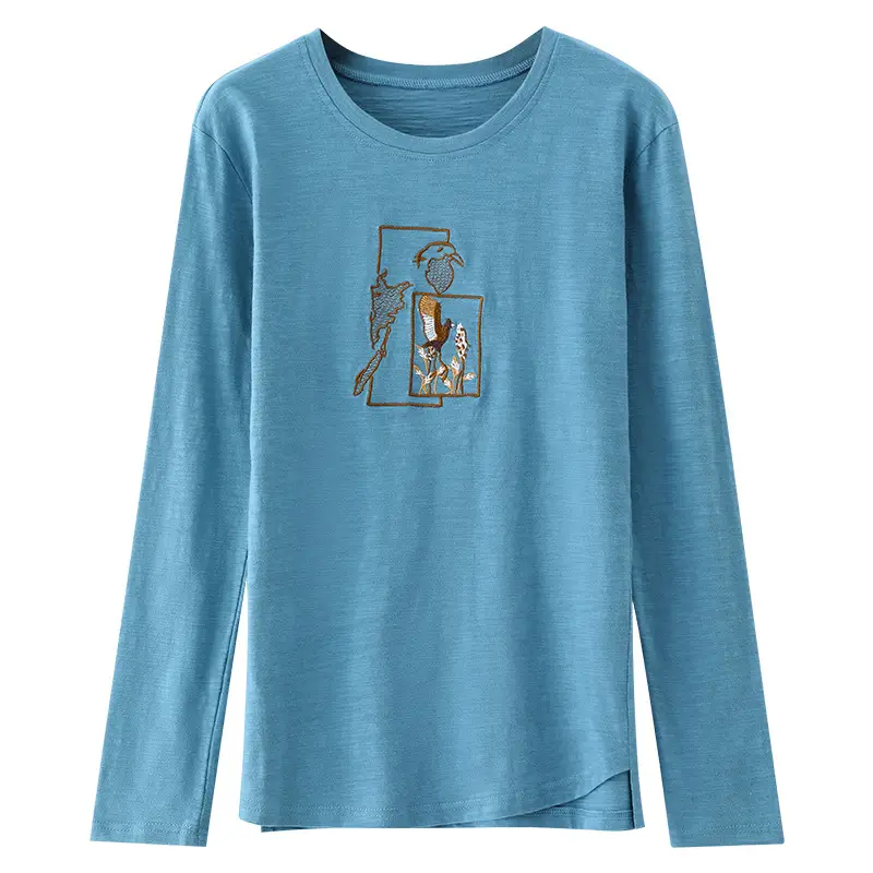 Women Black Long Sleeve Crew Neck T-Shirt with Embroidered Design - Image 10