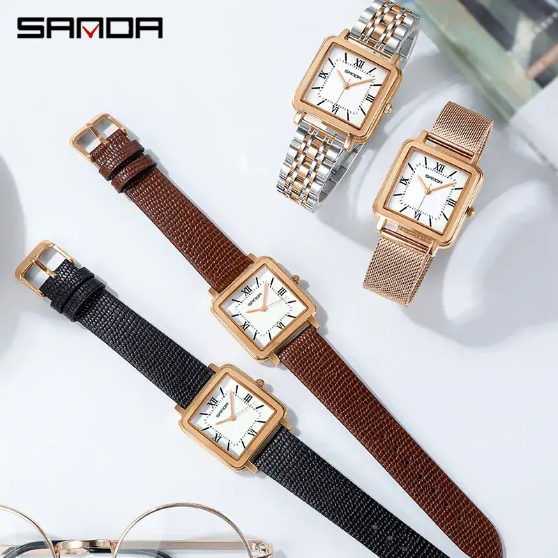 Sanda Square Watch Women's Waterproof Quartz Leather Mesh Band