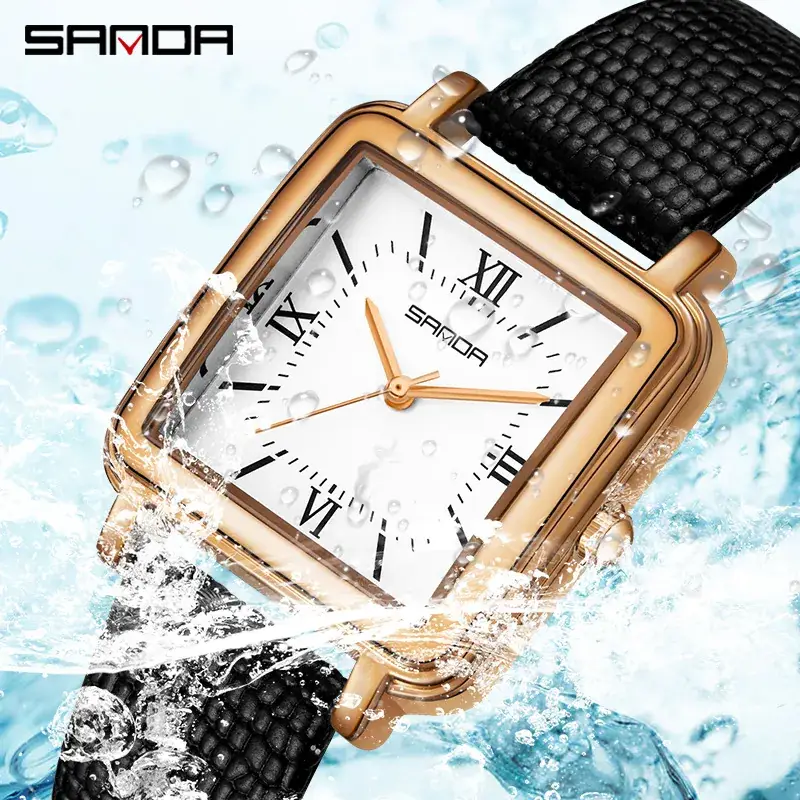 Sanda Square Watch Women's Waterproof Quartz Leather Mesh Band
