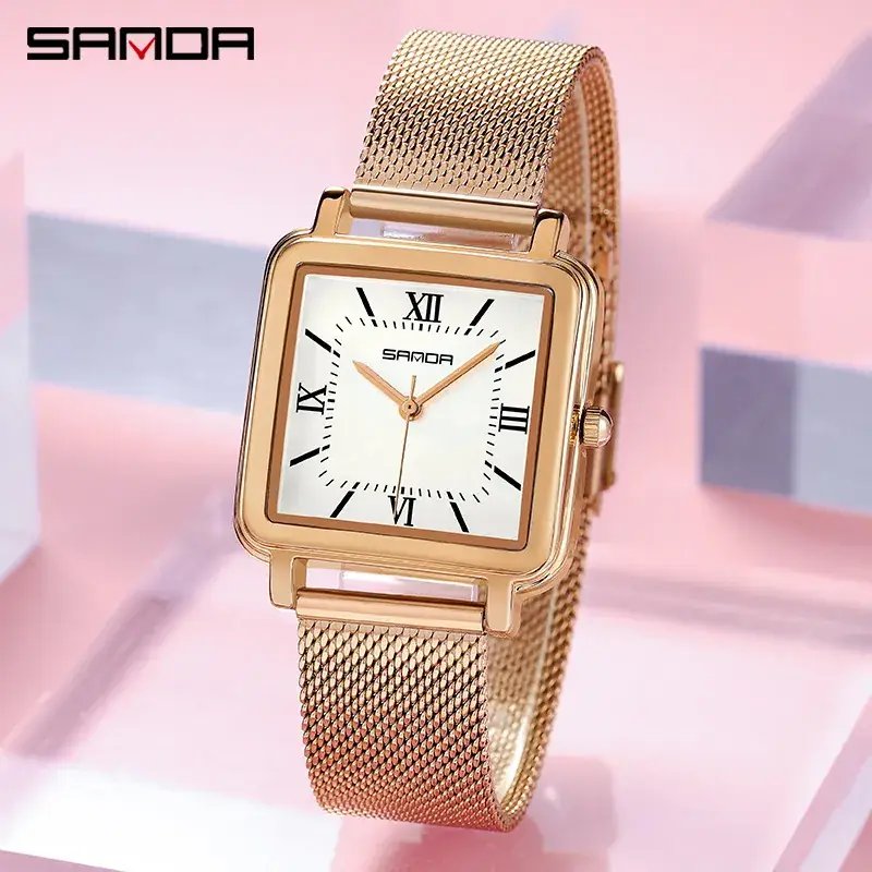 Sanda Square Watch Women's Waterproof Quartz Leather Mesh Band