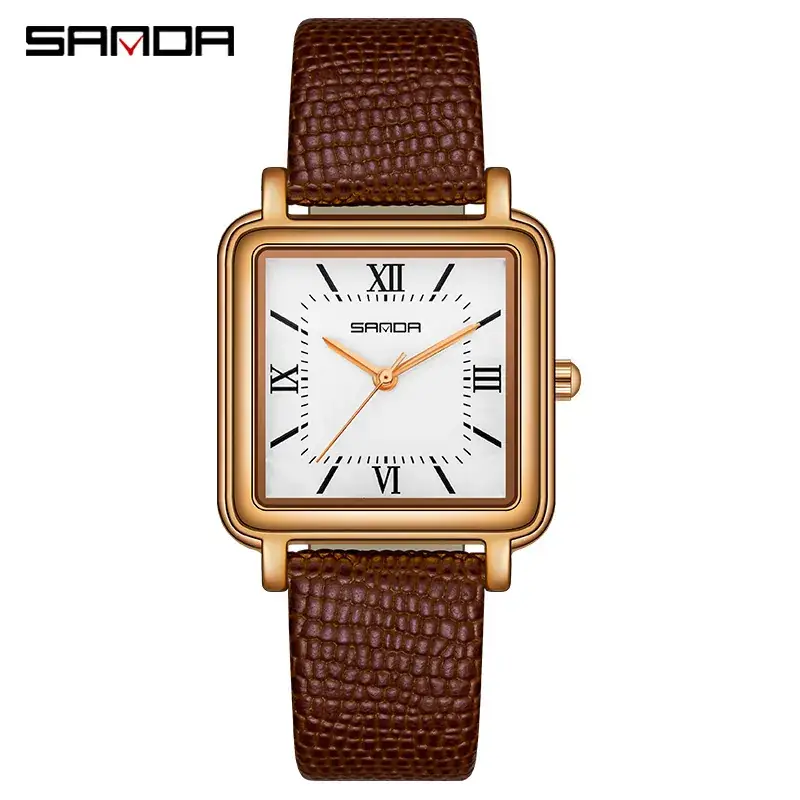 Sanda Square Watch Women's Waterproof Quartz Leather Mesh Band