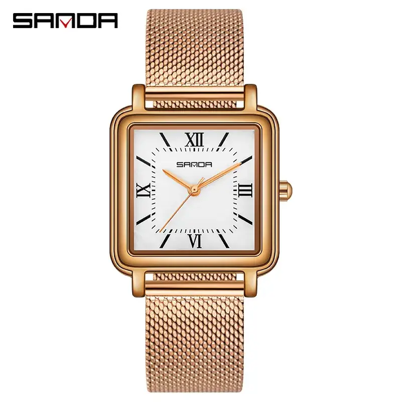 Sanda Square Watch Women's Waterproof Quartz Leather Mesh Band