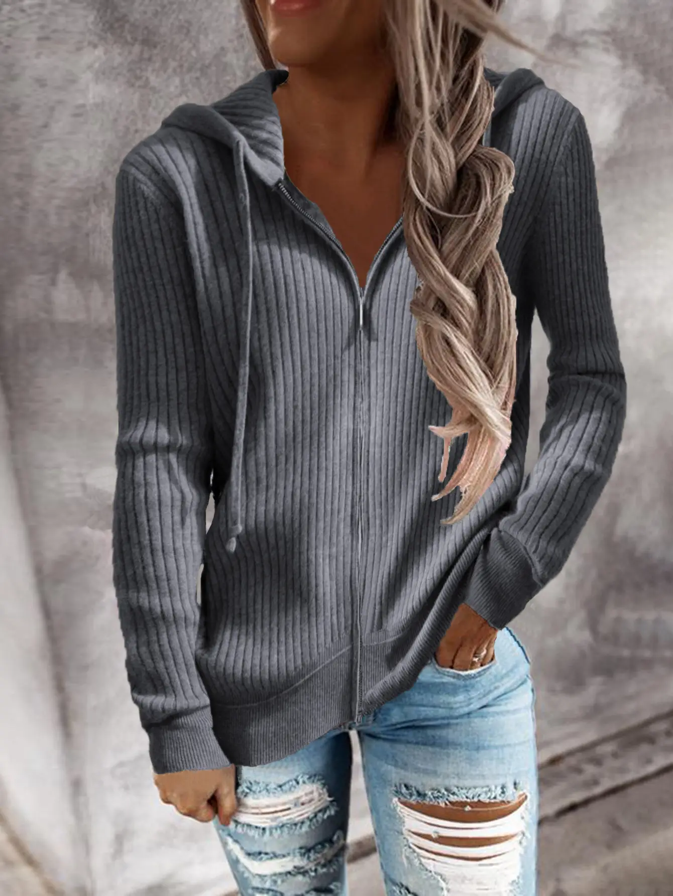Women's White Striped Zipper Cardigan Long Sleeve Hooded Knitwear - Image 3