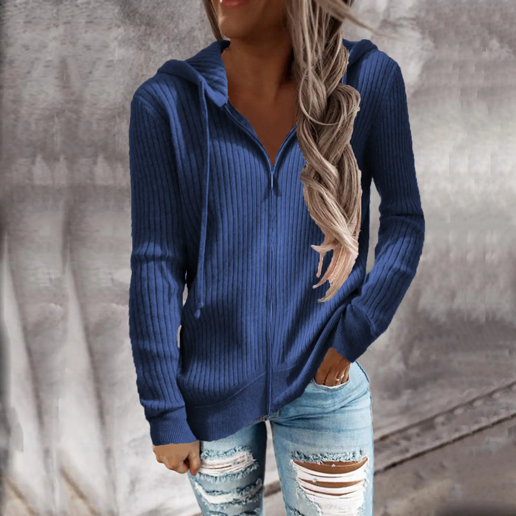 Women's White Striped Zipper Cardigan Long Sleeve Hooded Knitwear - Image 4