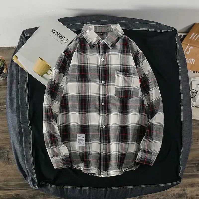 Men's Plaid Long Sleeve Shirt Korean Style - Image 4