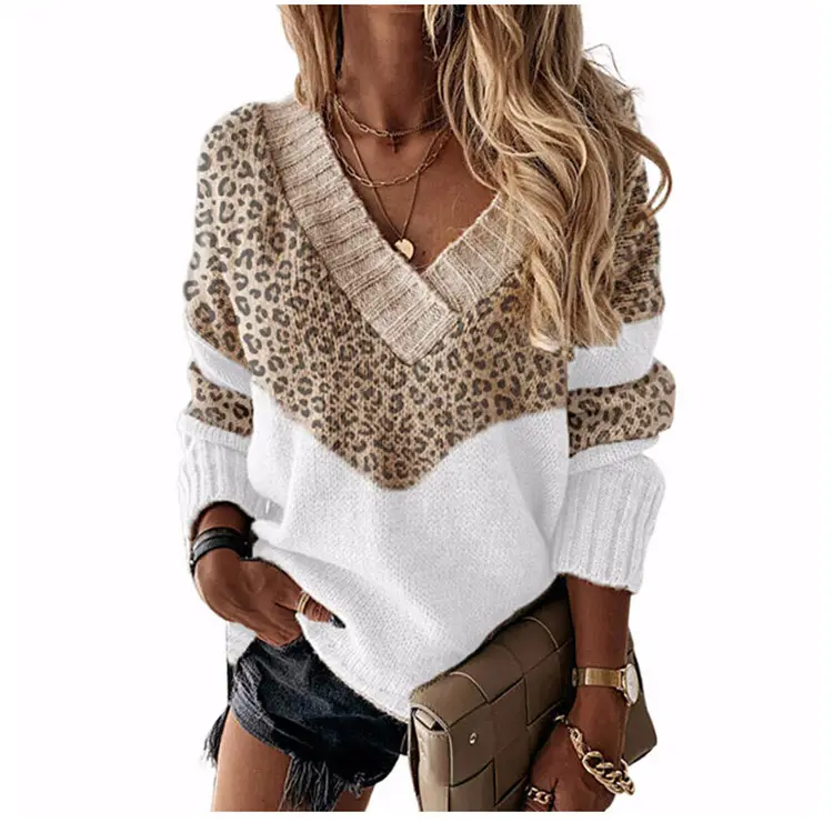 V-Neck Leopard Print Sweater Blue White - Image 16