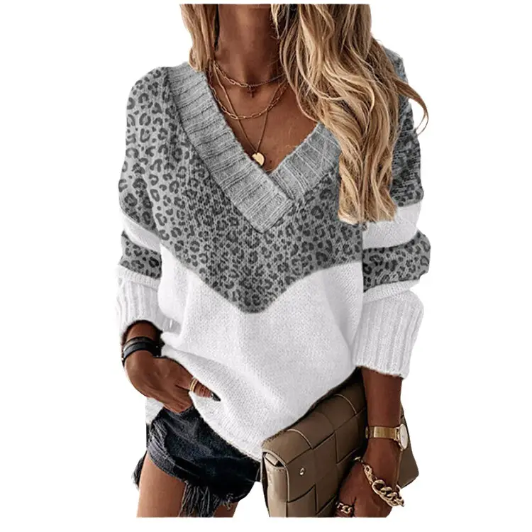 V-Neck Leopard Print Sweater Blue White - Image 19
