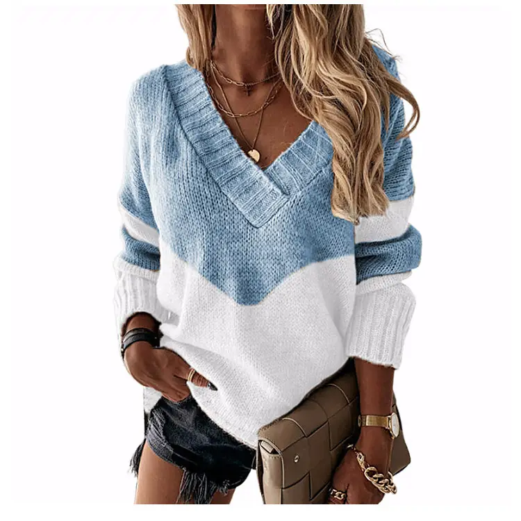 V-Neck Leopard Print Sweater Blue White - Image 9
