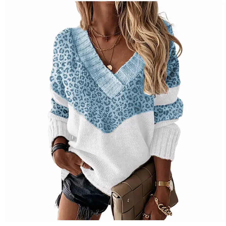 V-Neck Leopard Print Sweater Blue White - Image 4
