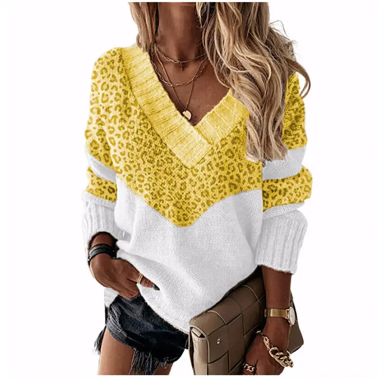 V-Neck Leopard Print Sweater Blue White - Image 6