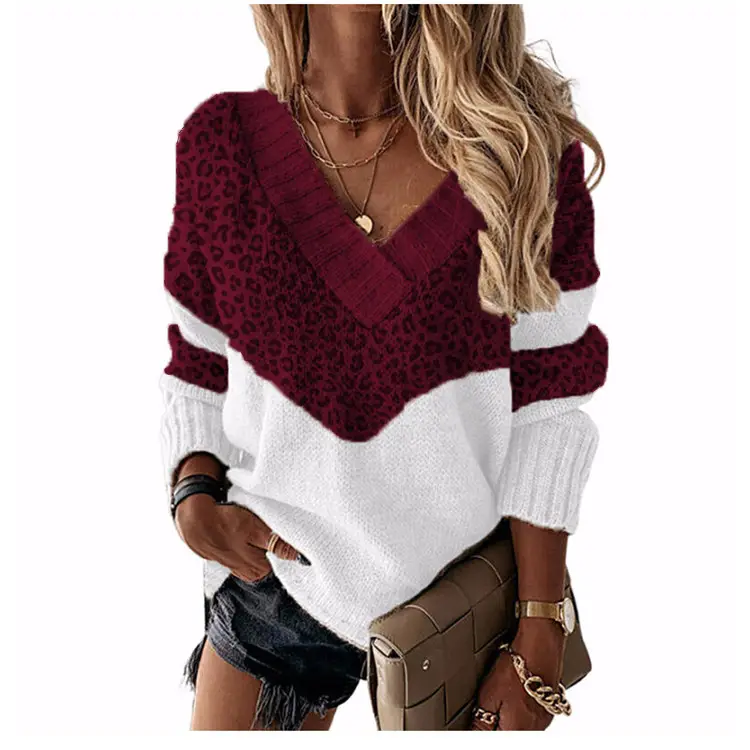 V-Neck Leopard Print Sweater Blue White - Image 7