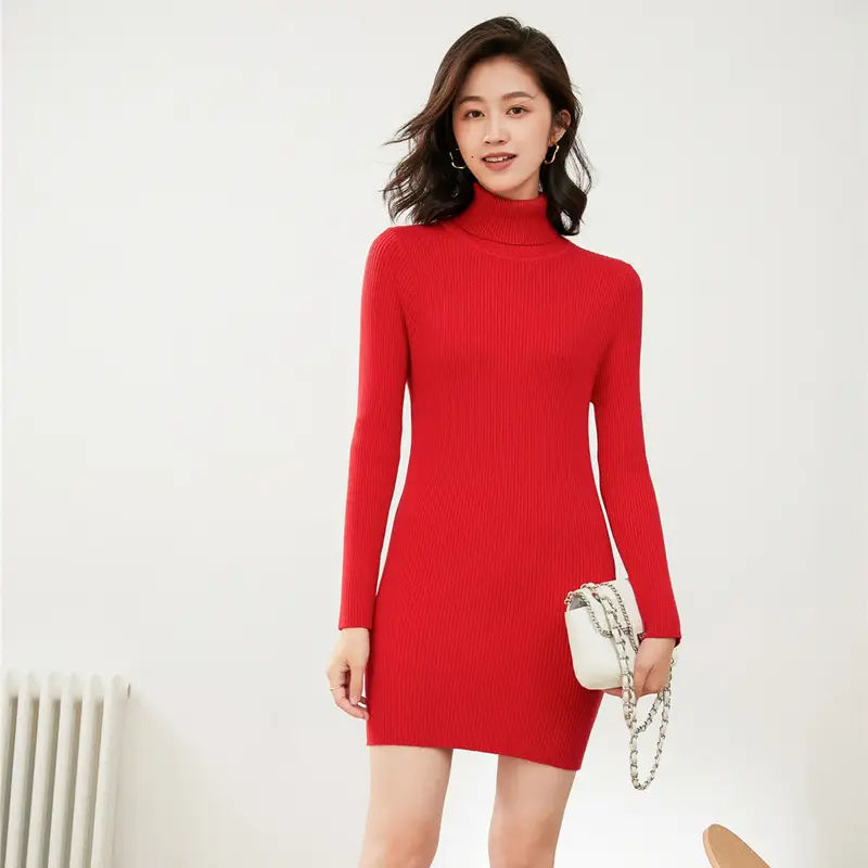 Blue High-Neck Knitted Sweater for Women Mid-Length Slim Fit - Image 2