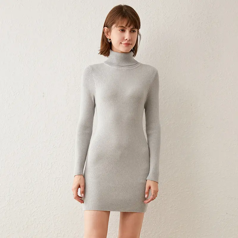 Blue High-Neck Knitted Sweater for Women Mid-Length Slim Fit - Image 4