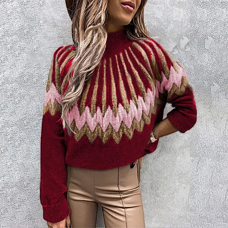 Printed Turtleneck Long Sleeve Knitwear Black Gold White - Image 2