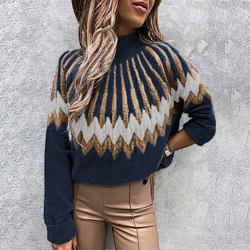 Printed Turtleneck Long Sleeve Knitwear Black Gold White - Image 4