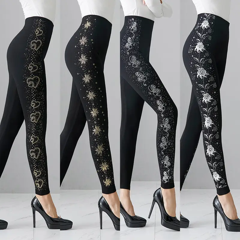 Black Heart Embroidered Leggings for Women