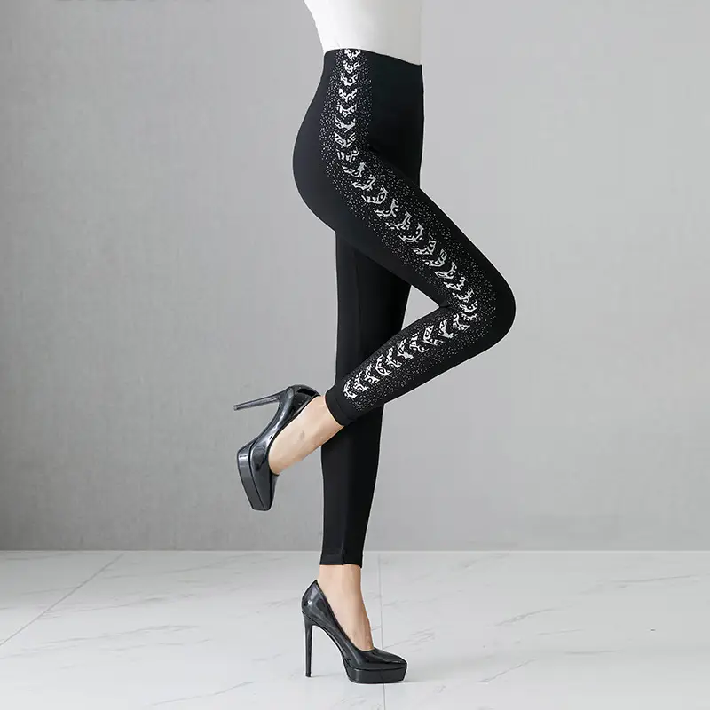 Black Heart Embroidered Leggings for Women