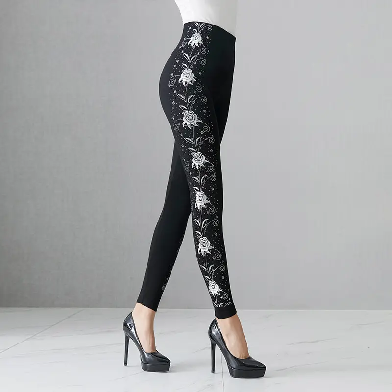 Black Heart Embroidered Leggings for Women