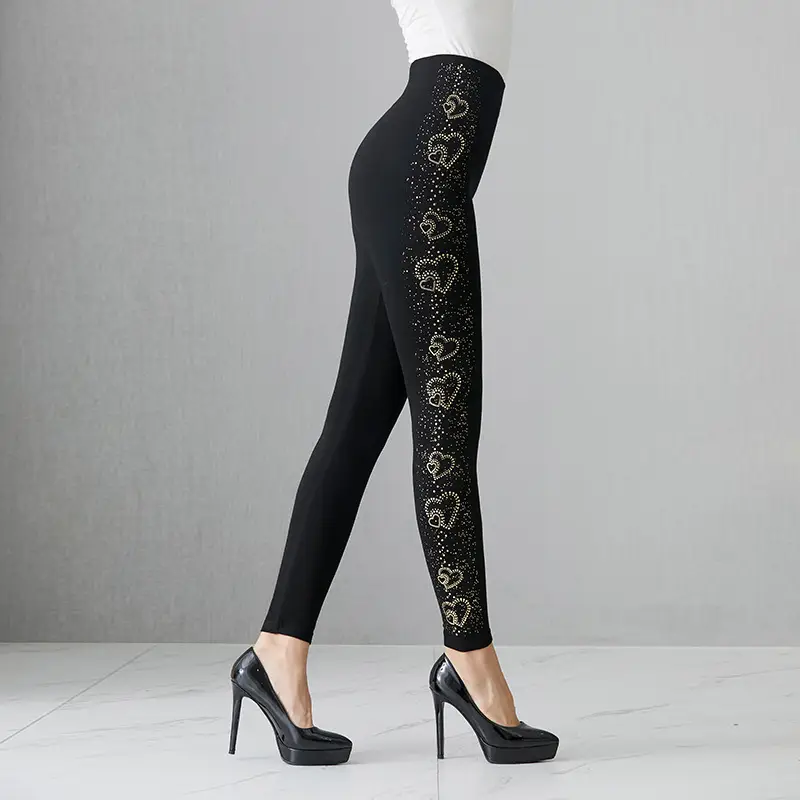 Black Heart Embroidered Leggings for Women