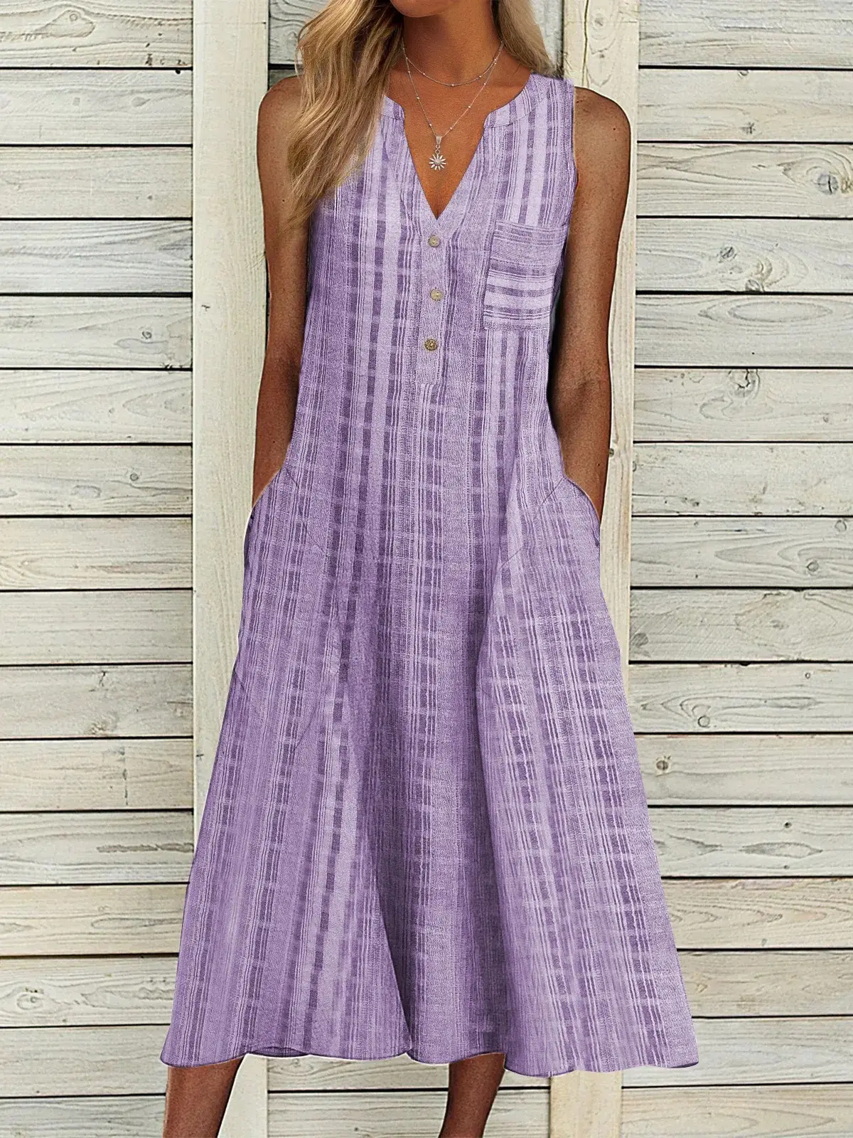 Women's V-Neck Sleeveless Dress Purple Cotton Large