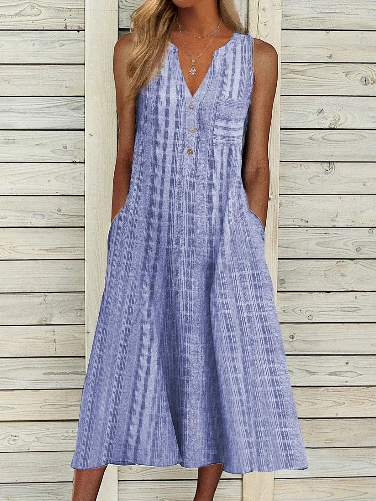 Women's V-Neck Sleeveless Dress Purple Cotton Large