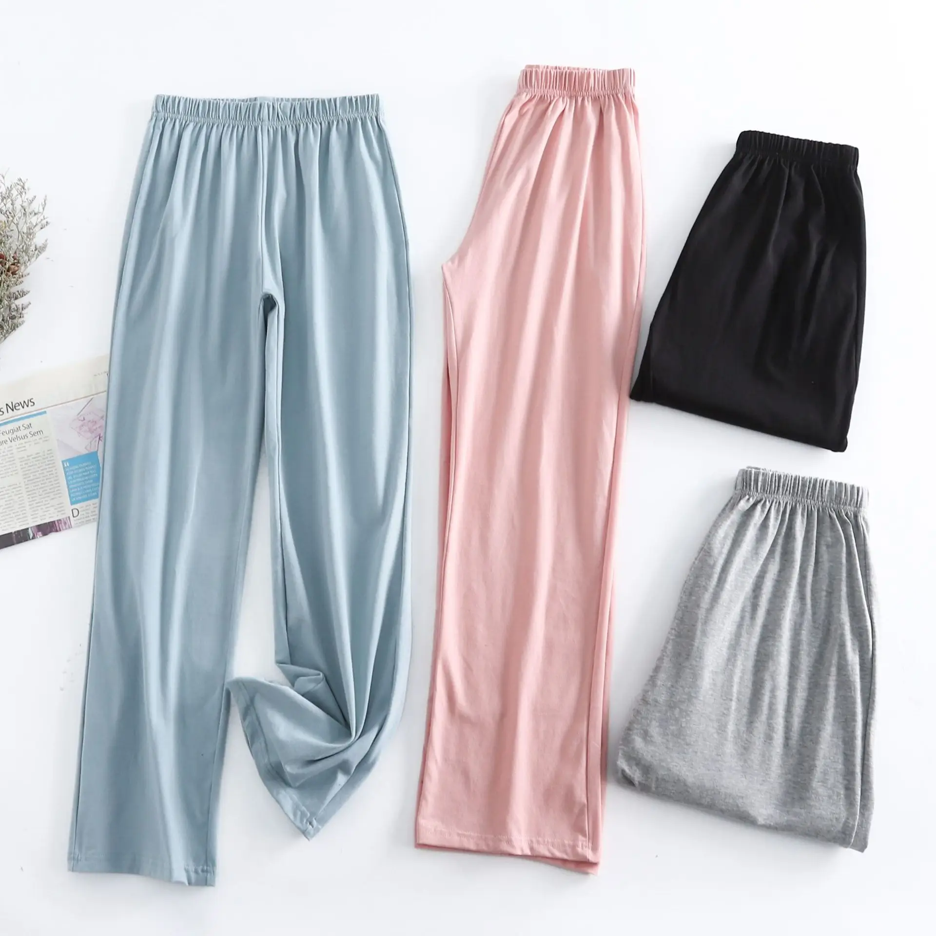 Women Cotton Stretch Waist Pants Solid Color Loose Fit