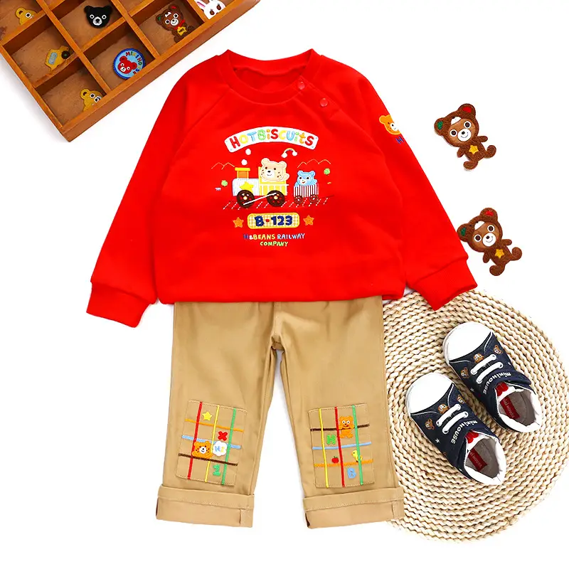 Japanese Style Cartoon Bear Long Pants Set for Boys Girls Red Brown - Image 4