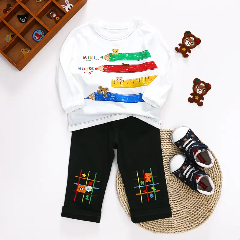 Japanese Style Cartoon Bear Long Pants Set for Boys Girls Red Brown - Image 5