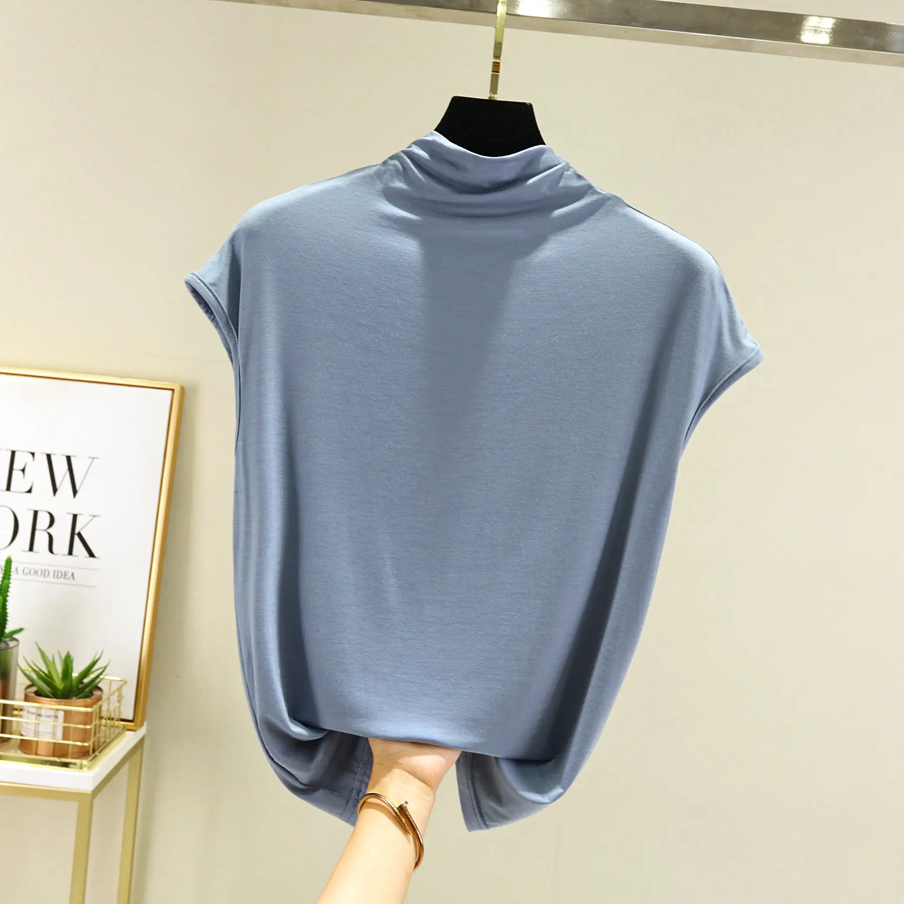 Women Green Sleeveless High Collar Vest Large - Image 5