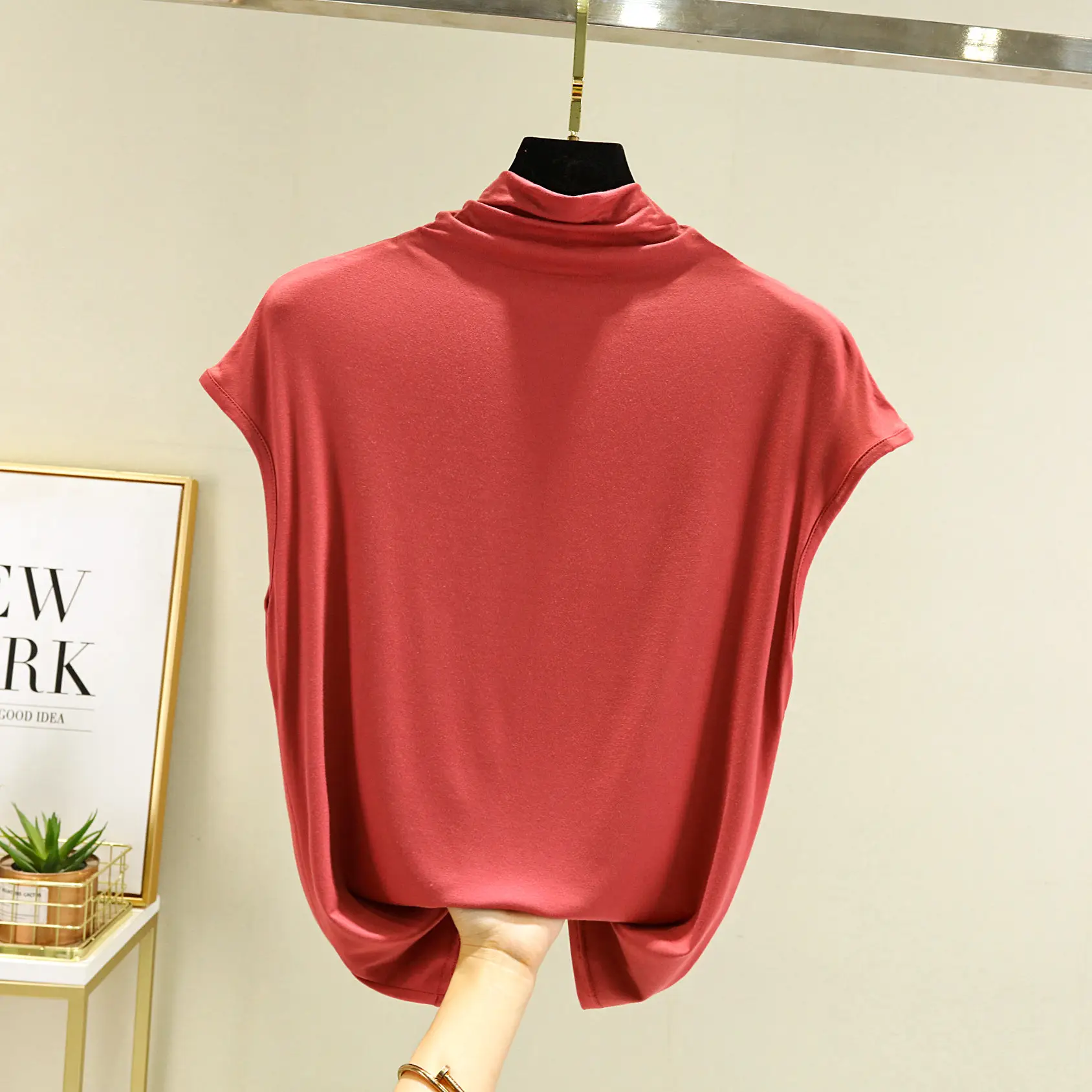 Women Green Sleeveless High Collar Vest Large - Image 7