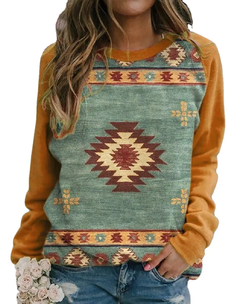 Women's Long Sleeve Patterned Sweater Top Green Brown - Image 3