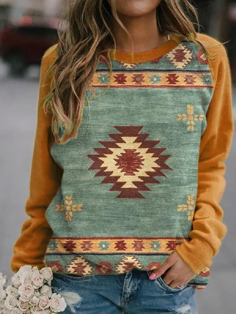 Women's Long Sleeve Patterned Sweater Top Green Brown - Image 4