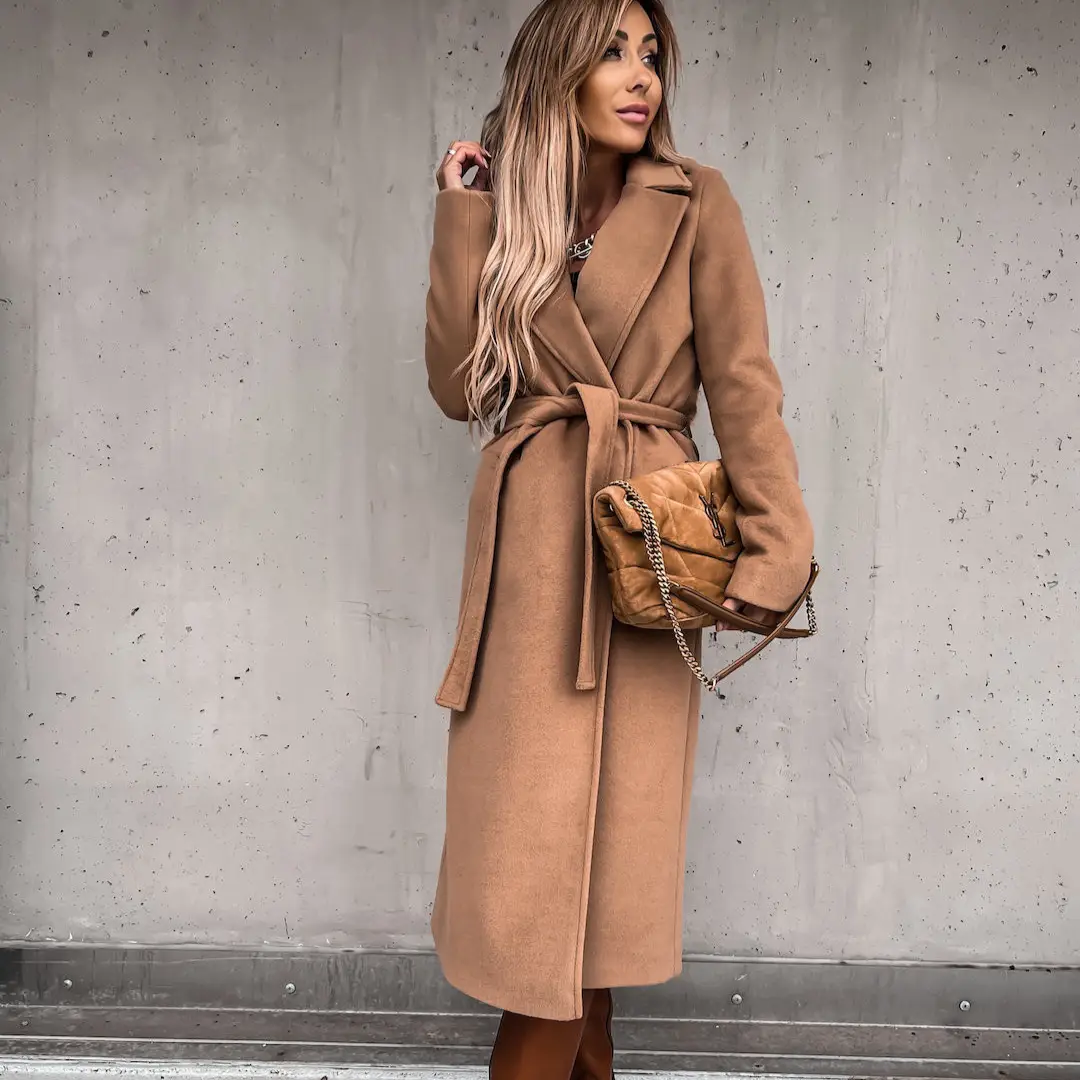 2021 Women's Woolen V-Neck Coat with Strap - Image 7