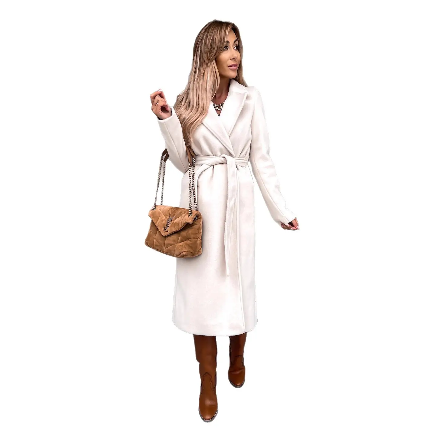 2021 Women's Woolen V-Neck Coat with Strap - Image 9