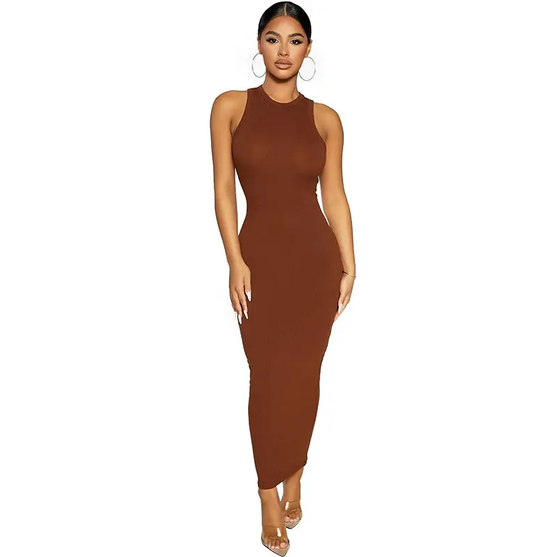 Women's Round Neck Sleeveless Bodycon Dress Brown