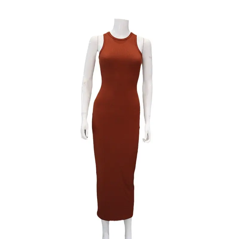 Women's Round Neck Sleeveless Bodycon Dress Brown
