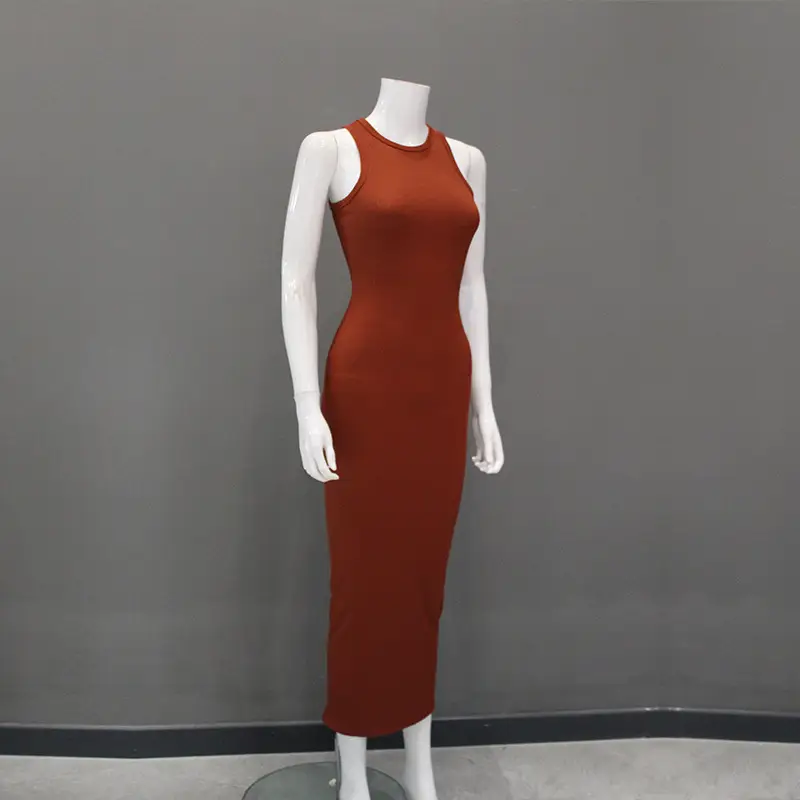 Women's Round Neck Sleeveless Bodycon Dress Brown — feature 11