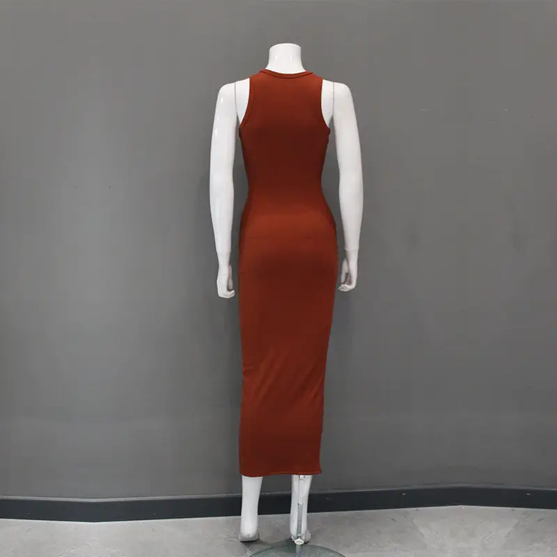 Women's Round Neck Sleeveless Bodycon Dress Brown — feature 12