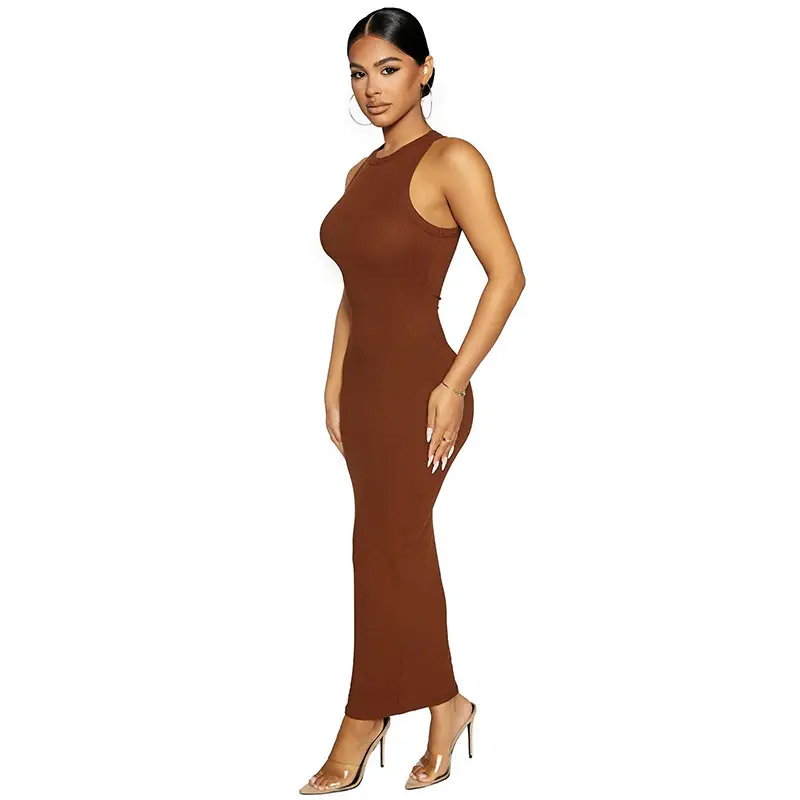 Women's Round Neck Sleeveless Bodycon Dress Brown — feature 9
