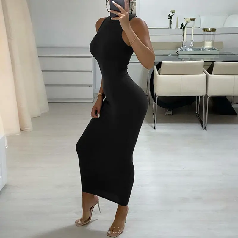 Women's Round Neck Sleeveless Bodycon Dress Brown — feature 6