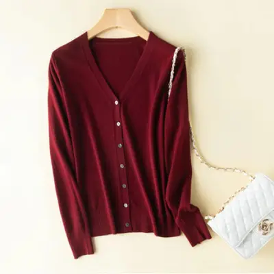 Women's White V-Neck Knitted Cardigan Large