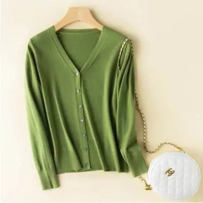 Women's White V-Neck Knitted Cardigan Large