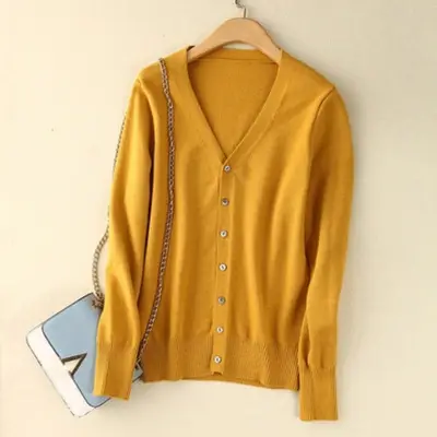 Women's White V-Neck Knitted Cardigan Large