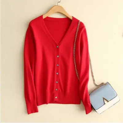 Women's White V-Neck Knitted Cardigan Large