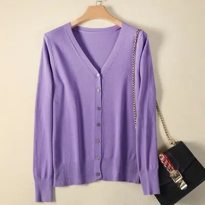 Women's White V-Neck Knitted Cardigan Large