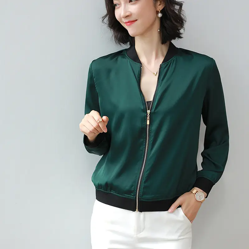 Green Chiffon Bomber Jacket Women 2025 Korean Style - Image 2