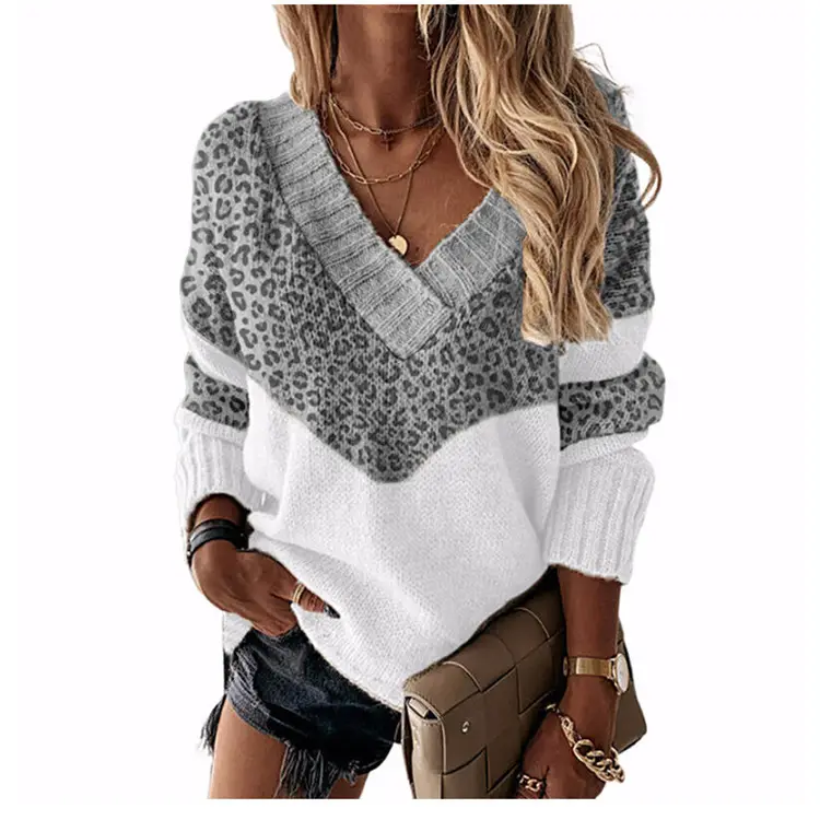 V-Neck Leopard Print Knit Pullover Top Blue White