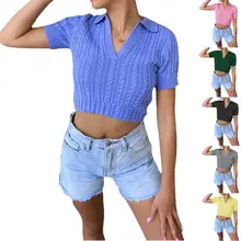 V-Neck Leopard Print Knit Pullover Top Blue White — feature 33